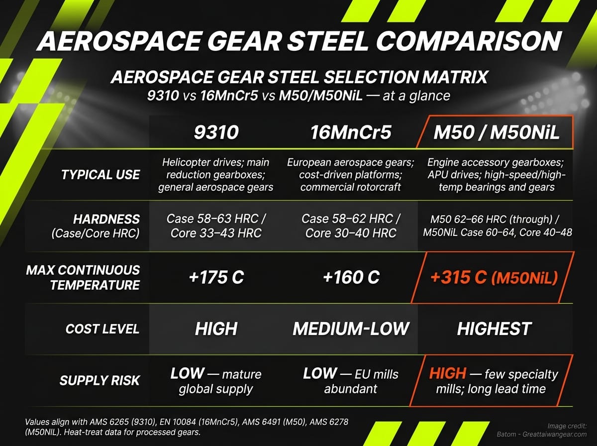 Aerospace gear steel selection matrix: 9310 vs 16MnCr5 vs M50/M50NiL