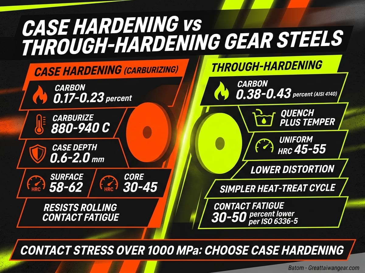 Case hardening vs through-hardening gear steel comparison