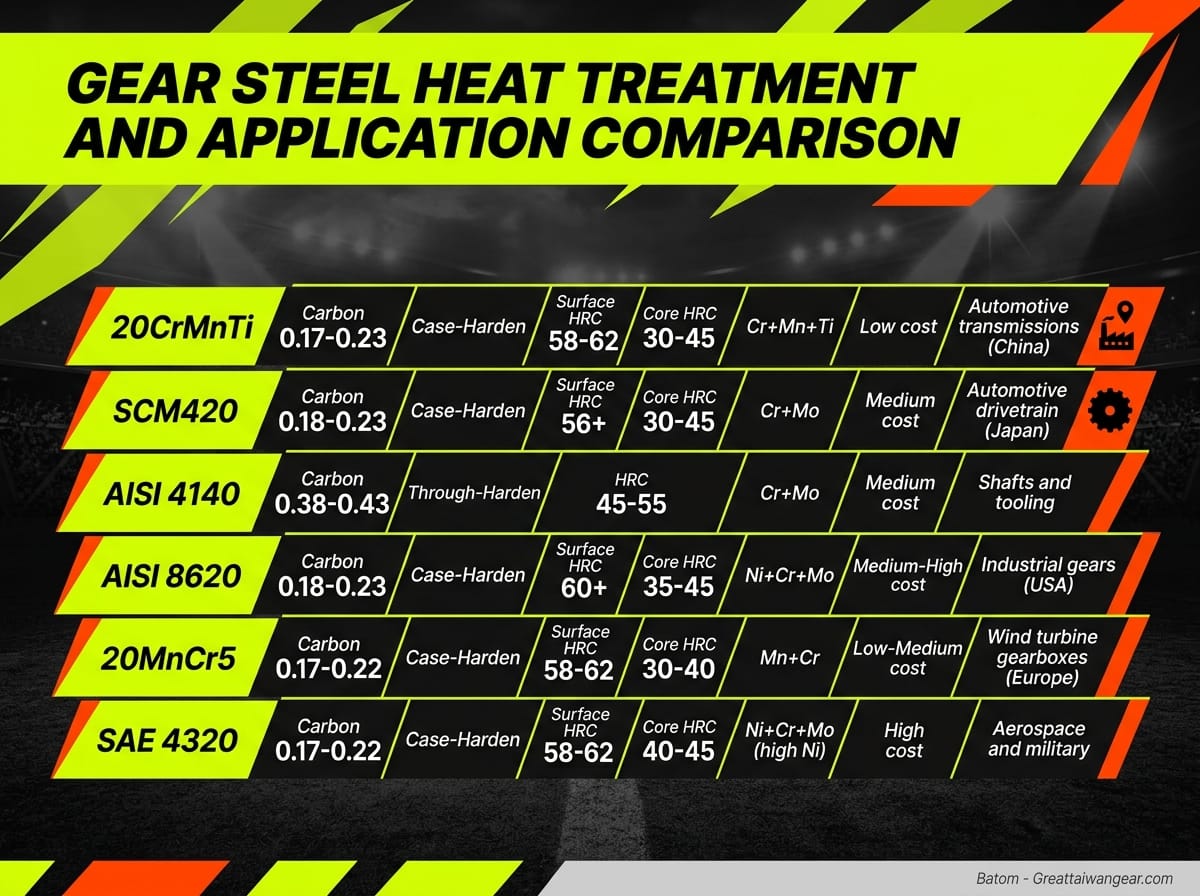 Gear steel heat treatment and application comparison chart