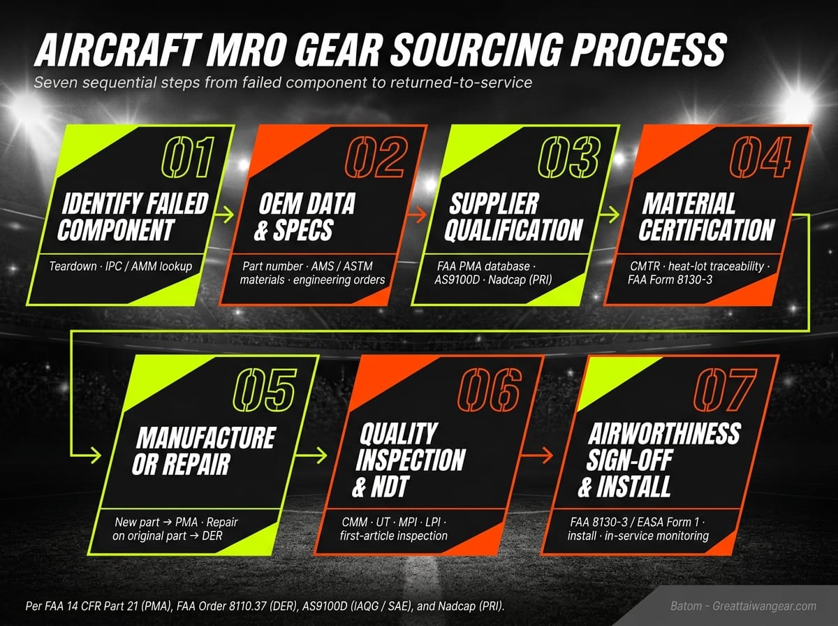 Aircraft MRO gear sourcing process — seven sequential steps