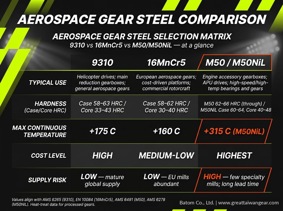 Aerospace gear steel selection matrix: 9310 vs 16MnCr5 vs M50/M50NiL