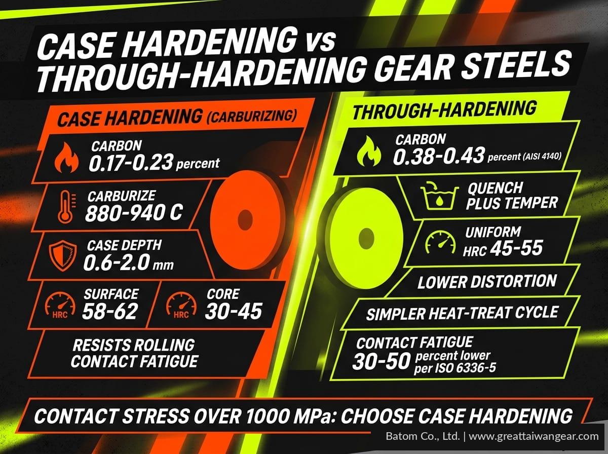 Case hardening vs through-hardening gear steel comparison