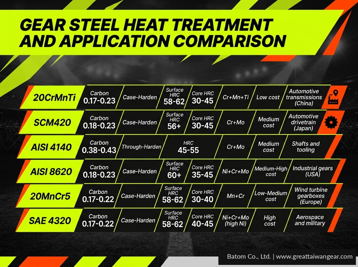 Gear steel heat treatment and application comparison chart
