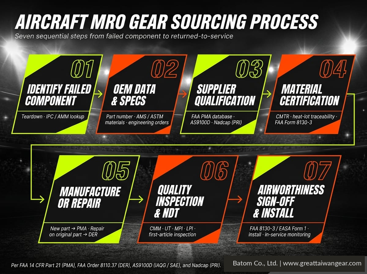 Aircraft MRO gear sourcing process — seven sequential steps