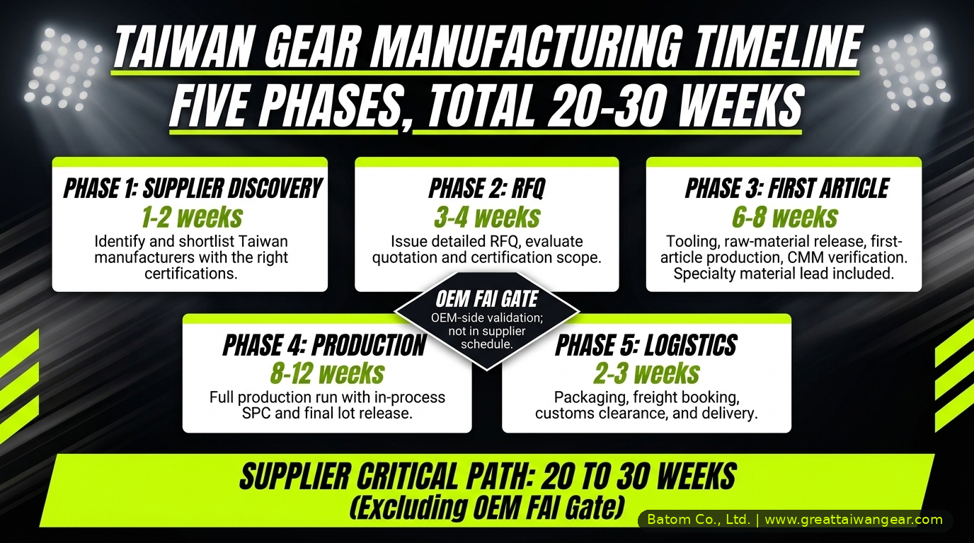 Taiwan gear manufacturing timeline: five phases, total 20-30 weeks