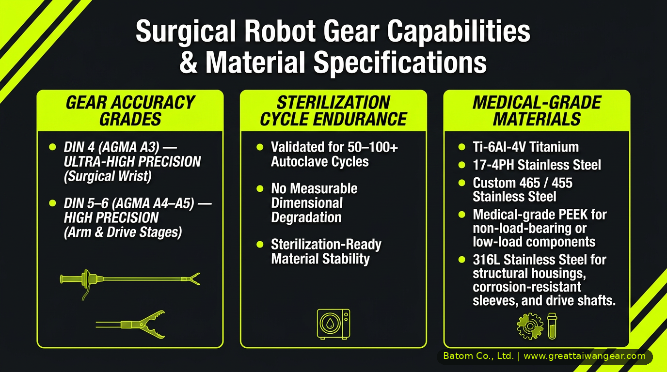 Surgical robot gear quality impact: accuracy grades, sterilization endurance, medical-grade materials