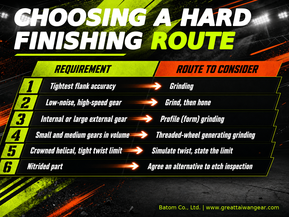 Choosing a hard finishing route: requirement and route to consider for accuracy, noise, gear size, volume, twist and nitrided parts