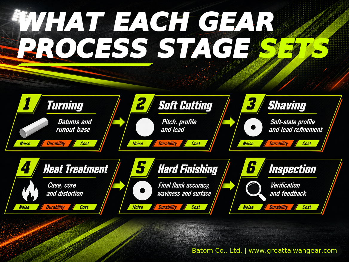 Six-stage gear process chain showing what turning, soft cutting, shaving, heat treatment, hard finishing and inspection each set for noise, durability and cost