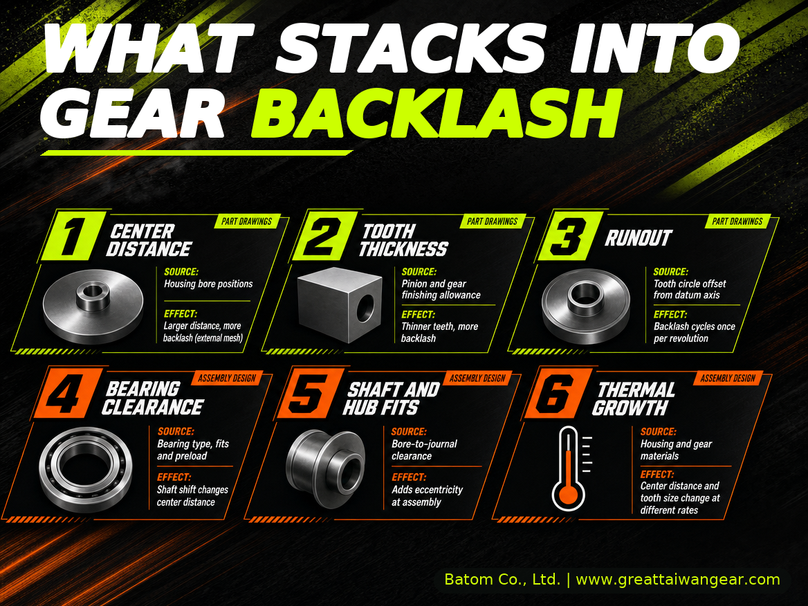 What stacks into gear backlash: center distance, tooth thickness, runout, bearing clearance, fits and thermal growth