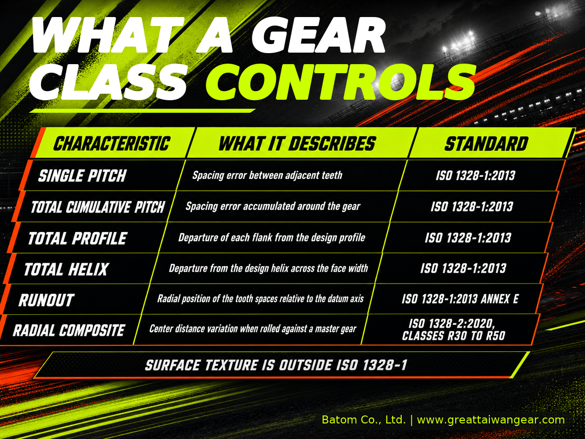 What a gear tolerance class controls: pitch, profile, helix, runout and radial composite deviations mapped to ISO 1328-1:2013 and ISO 1328-2:2020