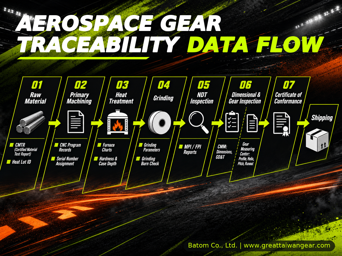 Aerospace gear traceability data flow from raw material through heat treatment, grinding, NDT, CMM and gear measuring center inspection to the Certificate of Conformance and shipping
