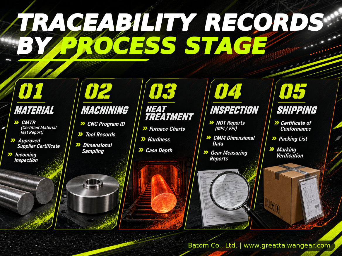 Traceability records produced at each process stage of an aerospace gear: material, machining, heat treatment, inspection and shipping