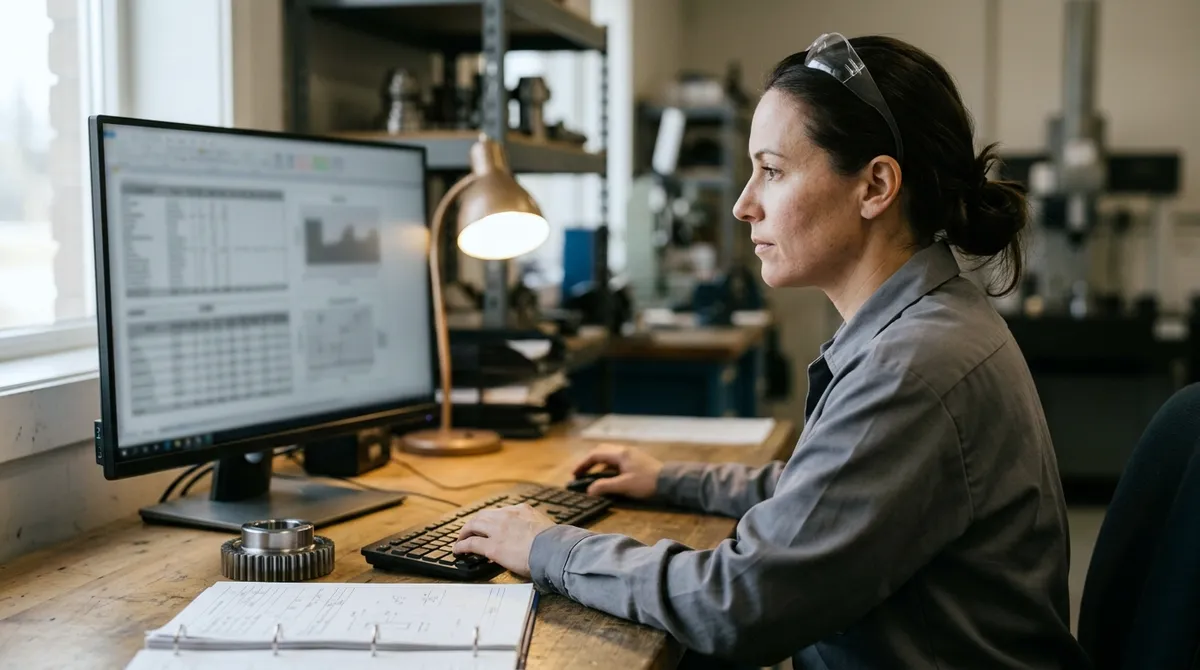 Quality engineer reviewing a gear traceability record on a monitor beside a gear and an inspection binder
