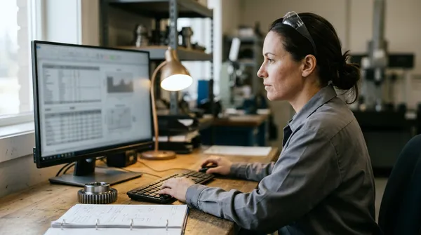 Quality engineer reviewing a gear traceability record on a monitor beside a gear and an inspection binder